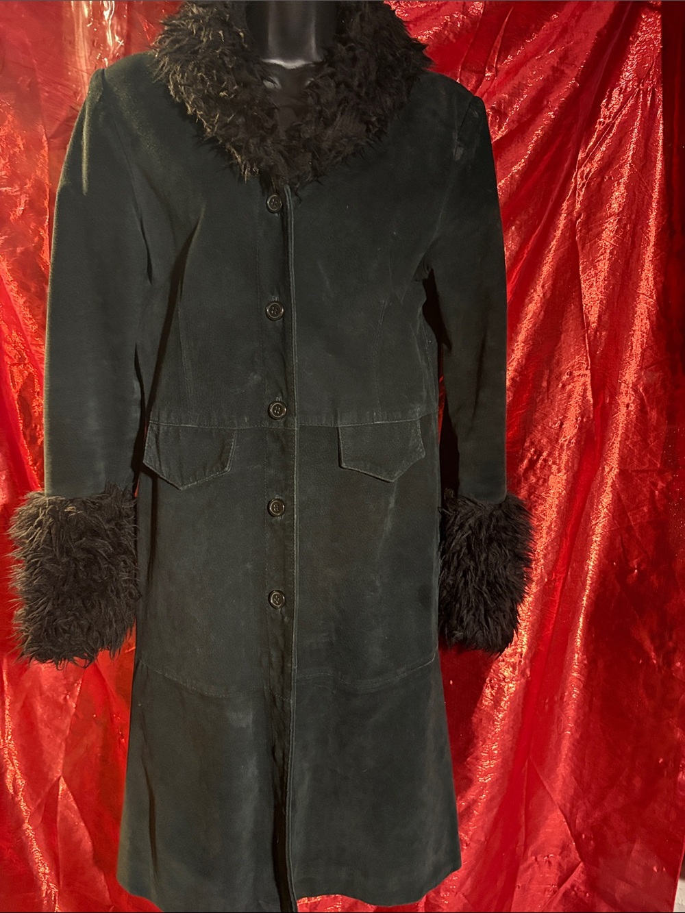 Black Faux Fur Trim Suede Coat